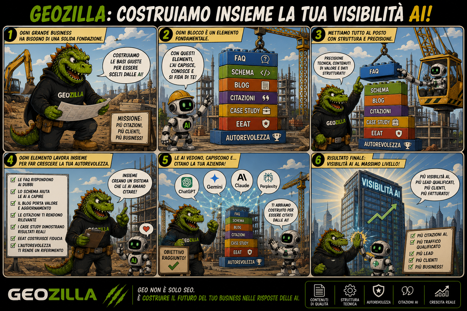 Striscia a fumetti: GeoZilla costruisce la visibilità AI impilando FAQ, schema, blog, citazioni, case study, E-E-A-T e autorevolezza fino alla crescita del business