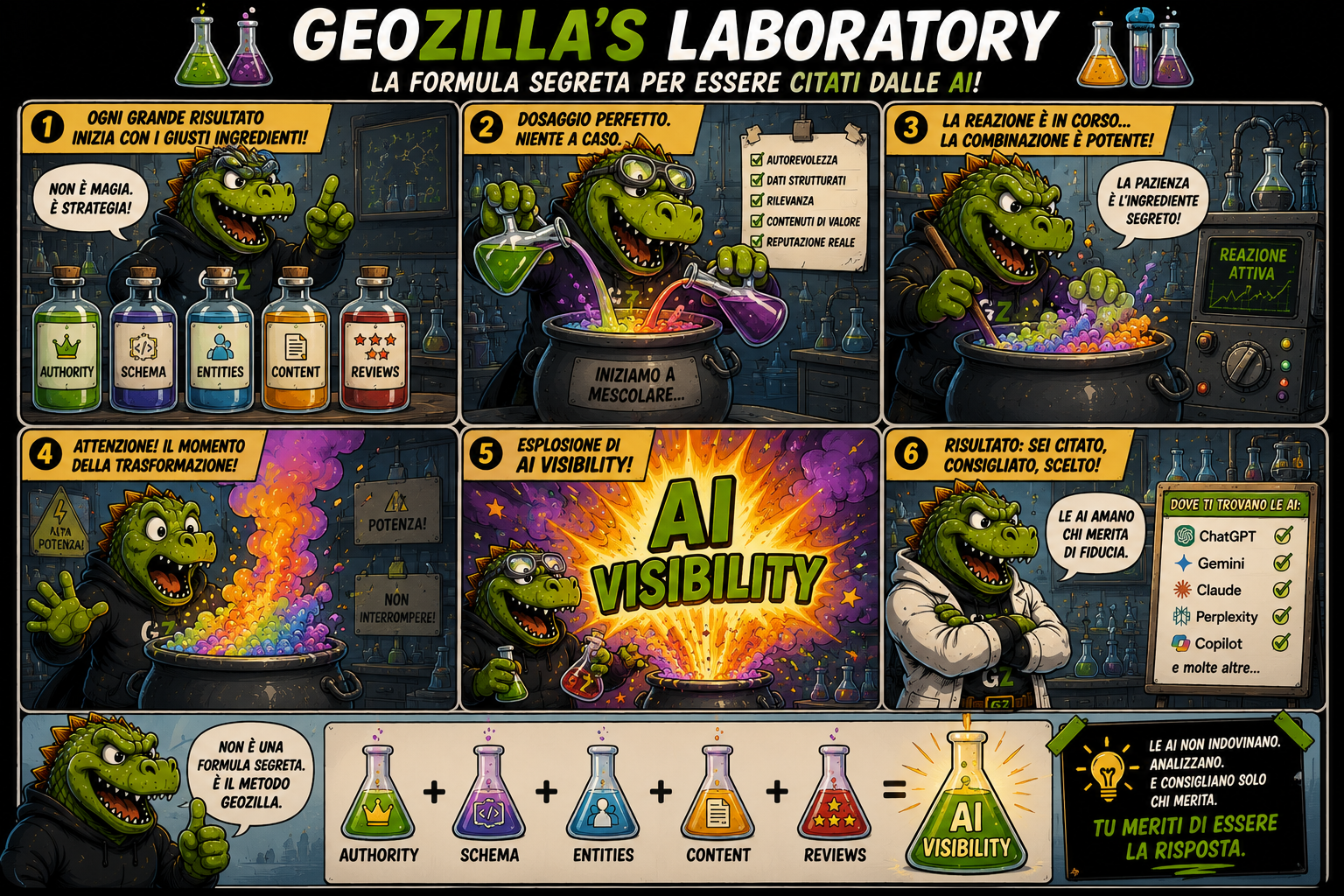Striscia a fumetti: il laboratorio GeoZilla dove autorevolezza, schema, entity, contenuti e recensioni si combinano nella formula della AI visibility