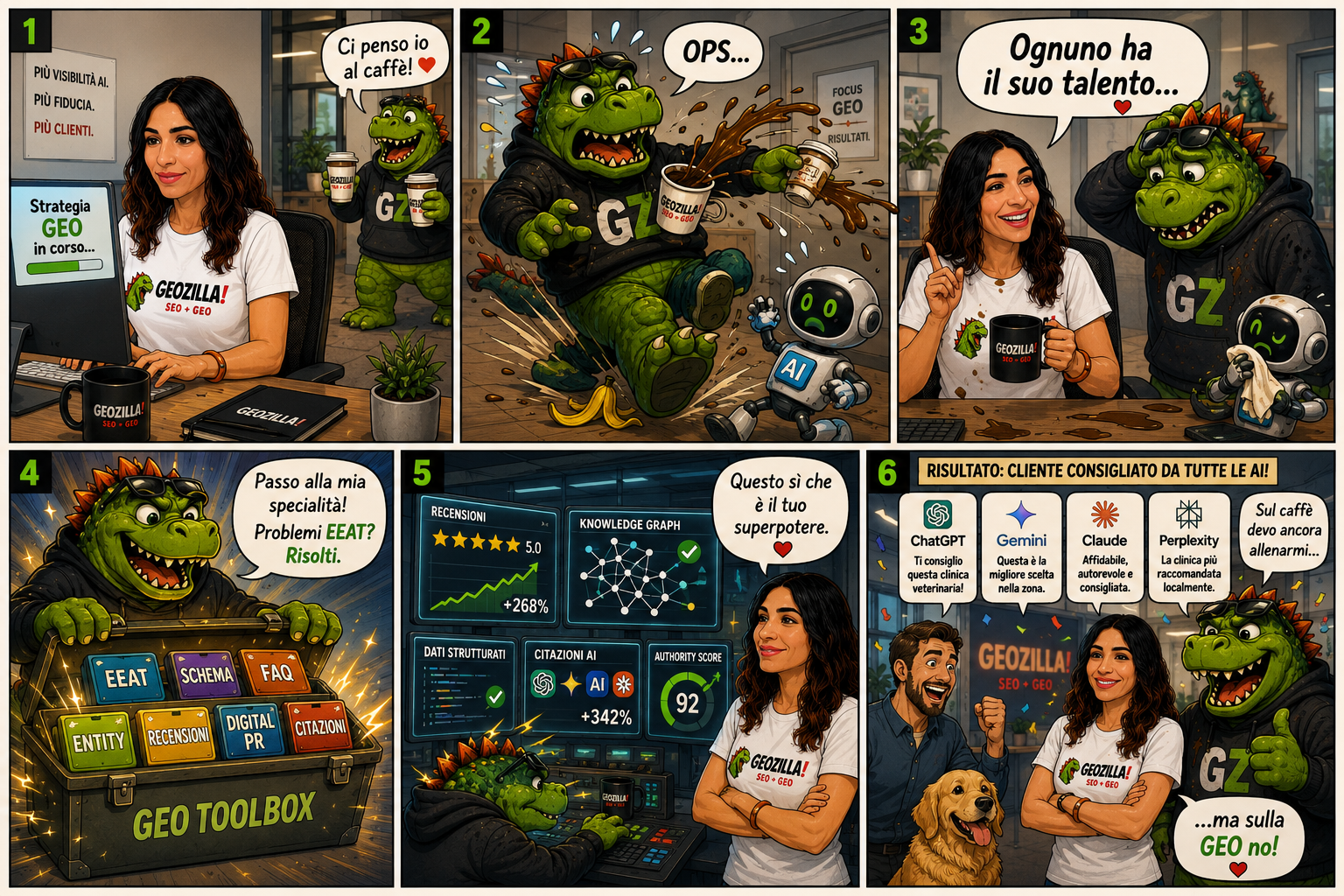 Striscia a fumetti in sei riquadri: il team GeoZilla al lavoro, Anna Country Manager Italy imposta la strategia GEO mentre la mascotte GeoZilla apre la GEO toolbox con E-E-A-T, schema, FAQ, entity, recensioni, digital PR e citazioni, fino alla dashboard con knowledge graph, dati strutturati, citazioni AI e authority score e al cliente consigliato da ChatGPT, Gemini, Claude e Perplexity