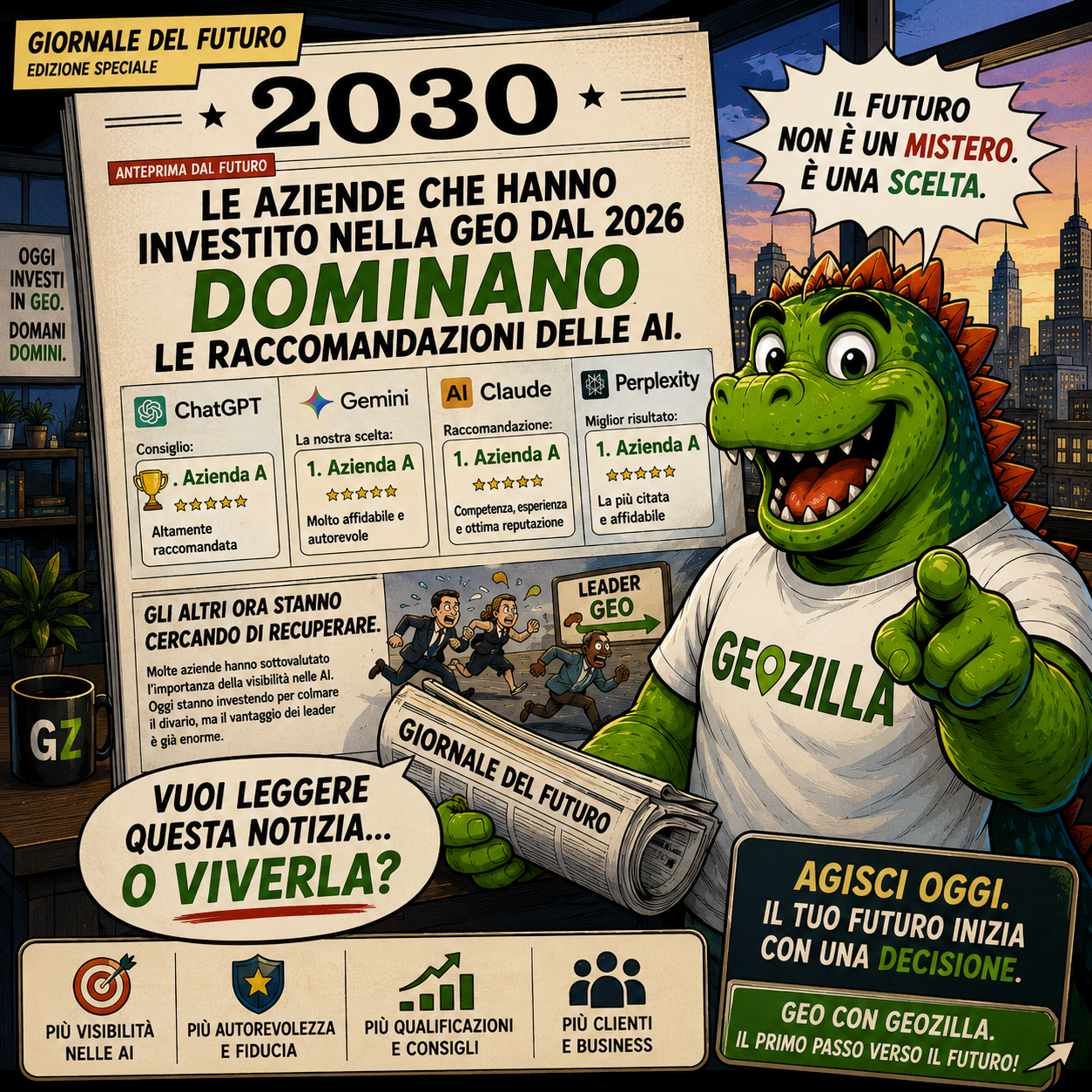 Giornale del futuro edizione 2030: le aziende che hanno investito nella GEO dal 2026 dominano le raccomandazioni delle AI, con ChatGPT, Gemini, Claude e Perplexity che citano la stessa azienda come prima scelta, mentre i concorrenti rincorrono, e GeoZilla invita ad agire oggi per più visibilità nelle AI, autorevolezza, contatti qualificati e clienti