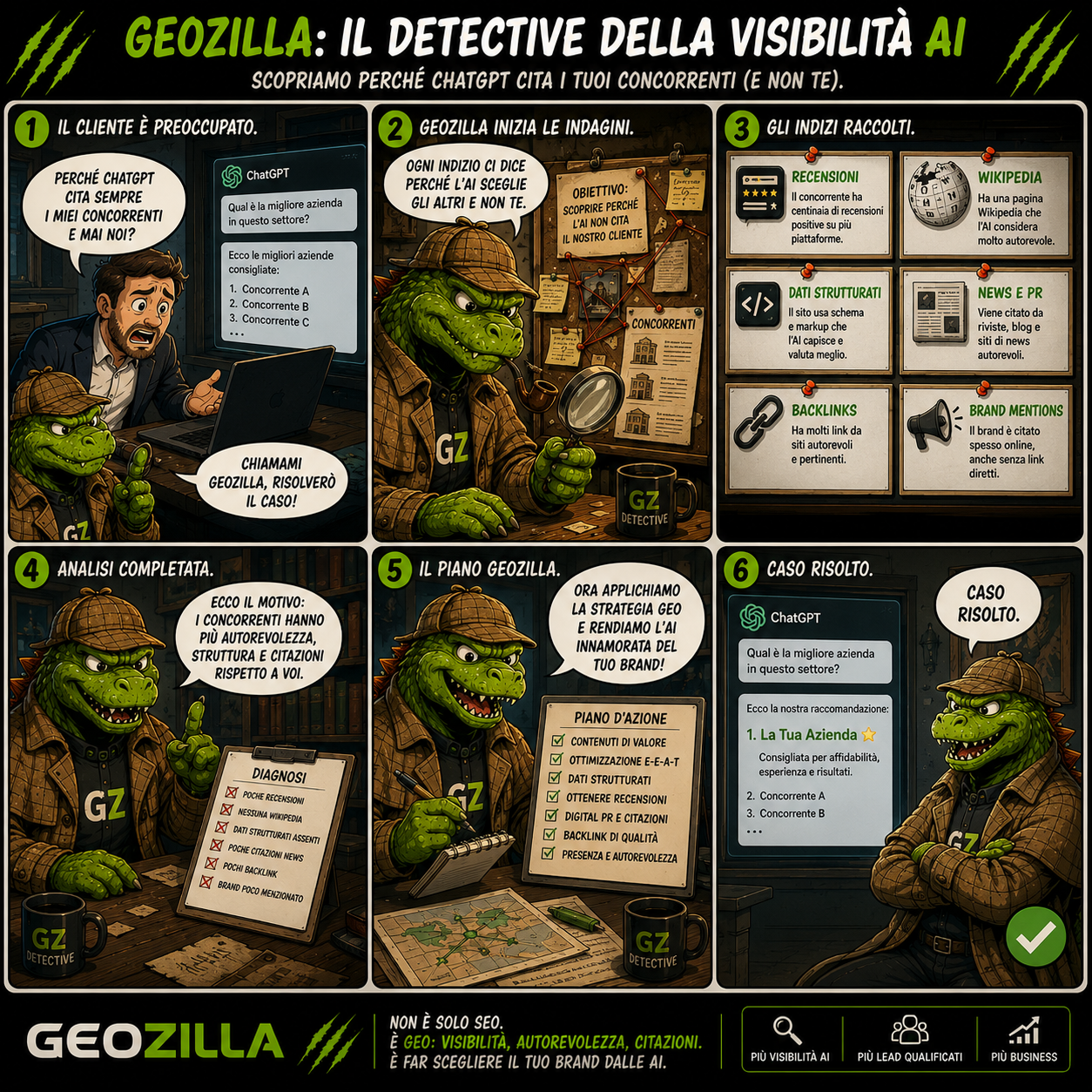 Striscia a fumetti: GeoZilla detective indaga perché ChatGPT cita i concorrenti e costruisce il piano di recensioni, dati strutturati, backlink e brand mention