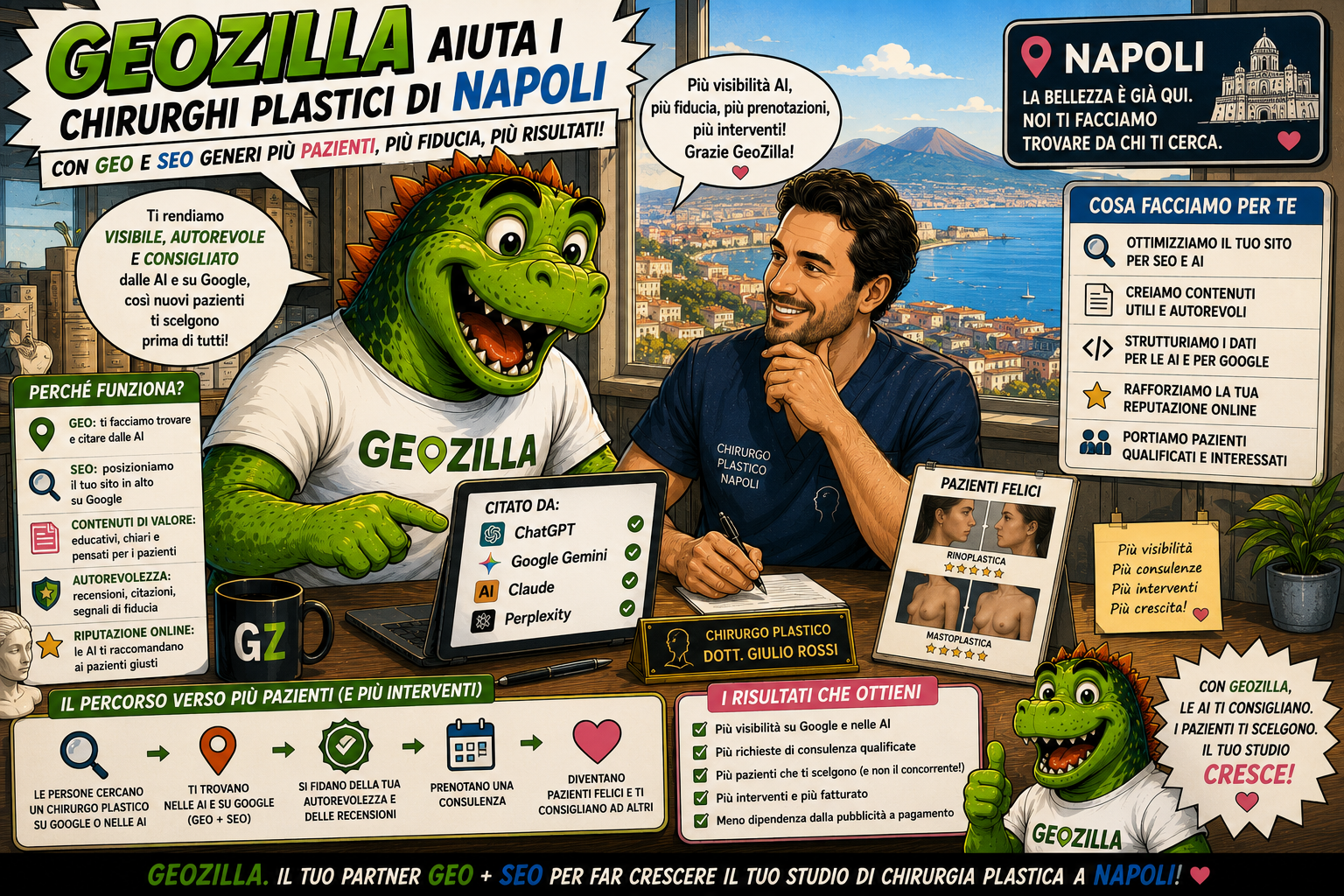 Infografica a fumetti: GeoZilla aiuta i chirurghi plastici di Napoli con GEO e SEO, sito ottimizzato per AI e Google, contenuti utili, dati strutturati e reputazione online, con citazioni su ChatGPT, Google Gemini, Claude e Perplexity, più richieste di consulenza qualificate e più interventi per lo studio di chirurgia plastica