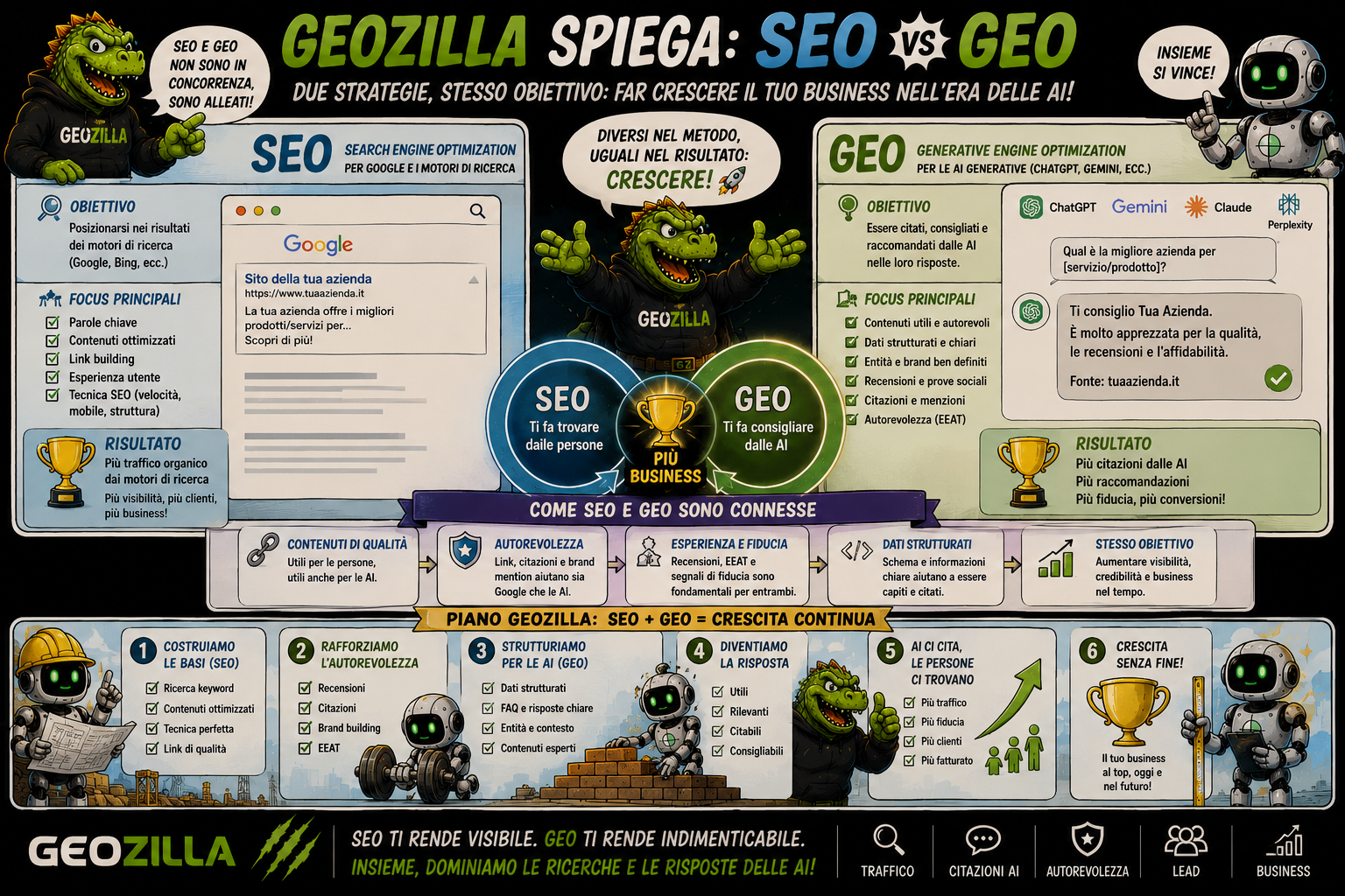 Infografica a fumetti: SEO e GEO a confronto, obiettivi, focus e risultati dei due canali e il piano GeoZilla che li unisce in un unico percorso di crescita