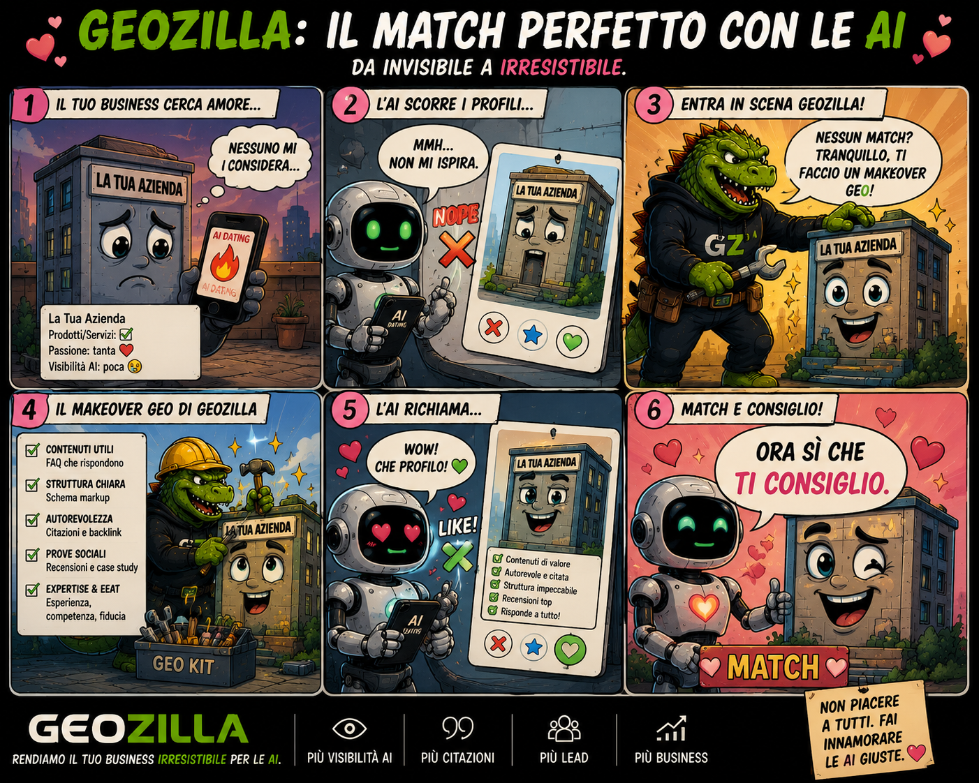 Striscia a fumetti: il match perfetto con le AI, da azienda invisibile a profilo irresistibile grazie a contenuti utili, schema markup, autorevolezza, prove sociali ed E-E-A-T