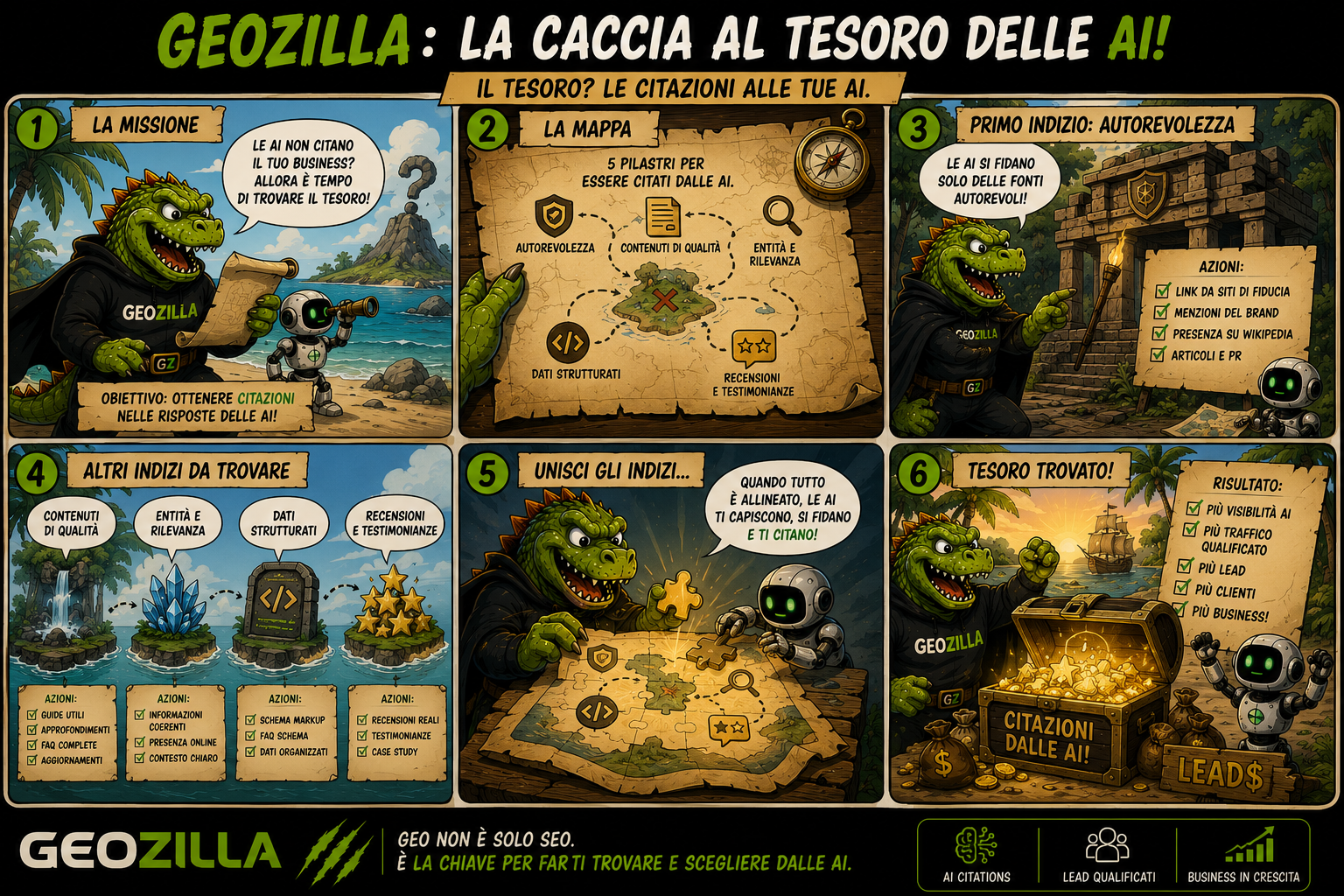 Striscia a fumetti: la caccia al tesoro delle AI, i cinque pilastri fra autorevolezza, contenuti di qualità, entity, dati strutturati e recensioni che portano alle citazioni AI