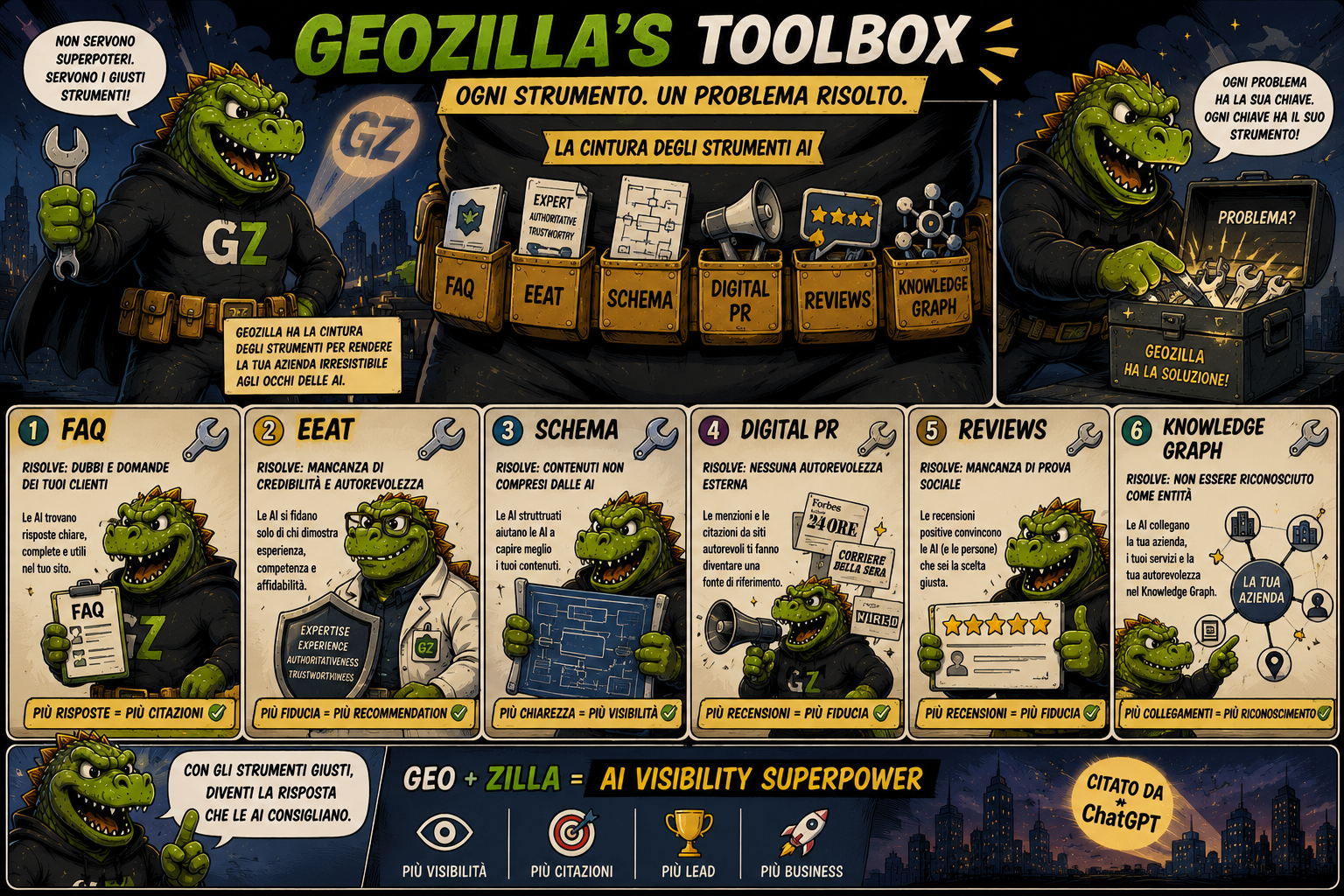 Infografica a fumetti: la cassetta degli attrezzi GeoZilla con FAQ, E-E-A-T, schema, digital PR, recensioni e knowledge graph, ogni strumento risolve un problema di visibilità AI