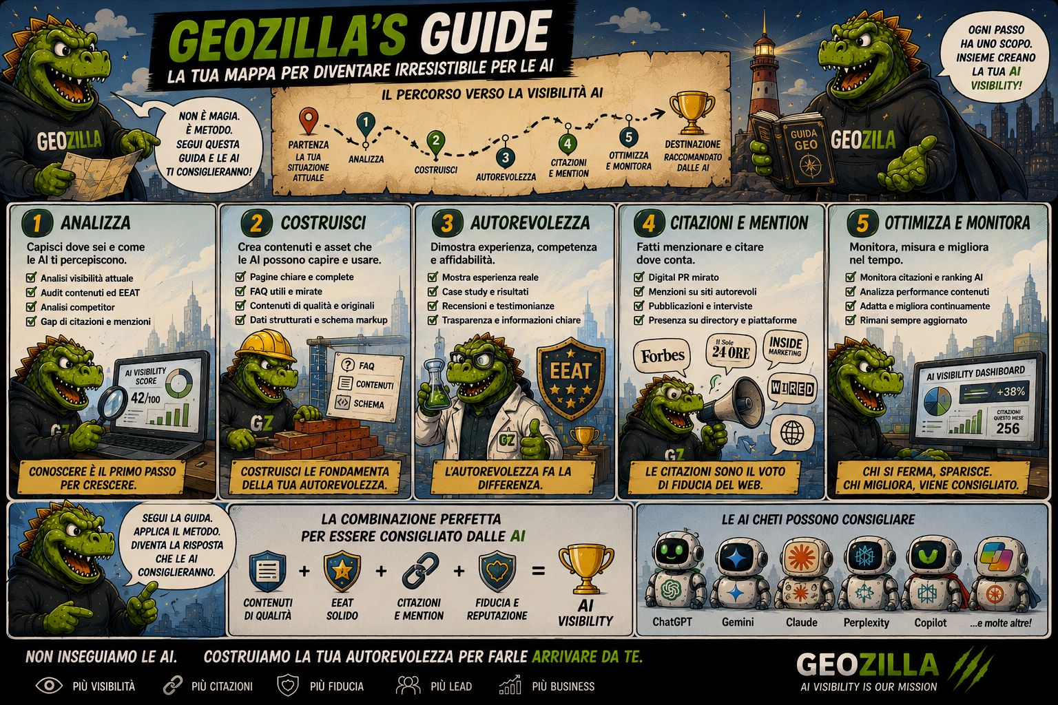 Mappa a fumetti GeoZilla: la guida in cinque passi per analizzare, costruire, consolidare autorevolezza, ottenere citazioni e mention e monitorare la visibilità AI