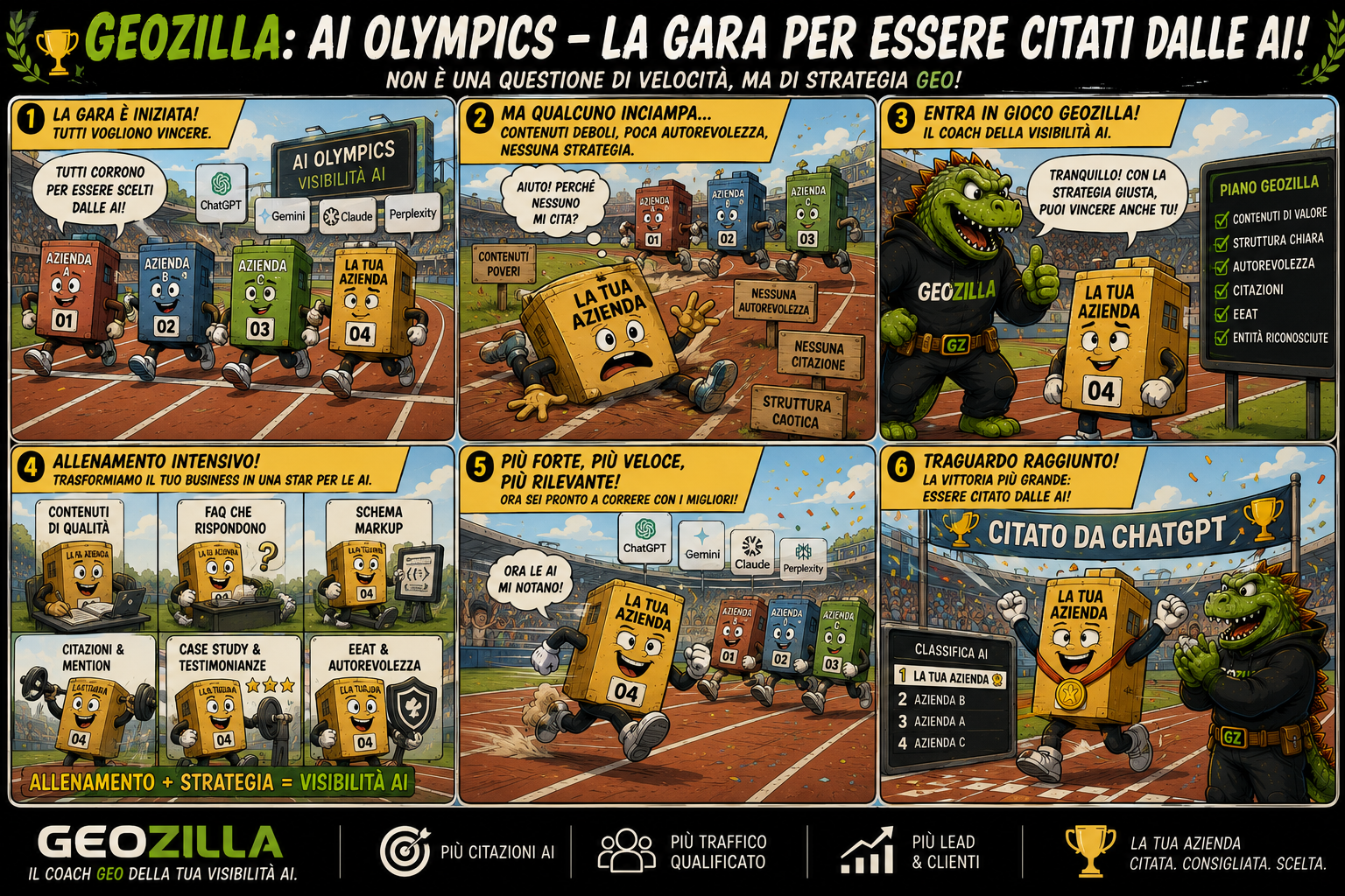 Striscia a fumetti: le AI Olympics, la gara fra aziende per essere citate dalle AI vinta con contenuti di valore, struttura chiara, autorevolezza, citazioni, E-E-A-T ed entity riconosciute
