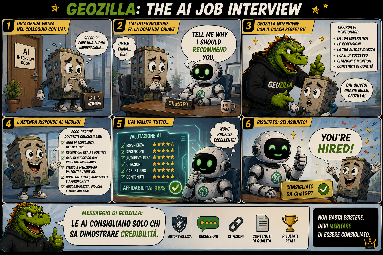 Striscia a fumetti: il colloquio di lavoro con l'AI, dove l'azienda dimostra esperienza, recensioni, autorevolezza, casi di successo e citazioni fino a essere consigliata da ChatGPT
