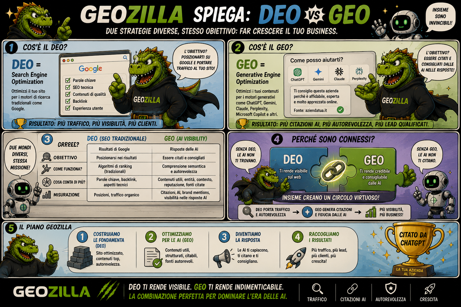 Infografica a fumetti: perché SEO e GEO sono connesse, la SEO rende visibili sul web e la GEO rende consigliabili dalle AI in un circolo virtuoso
