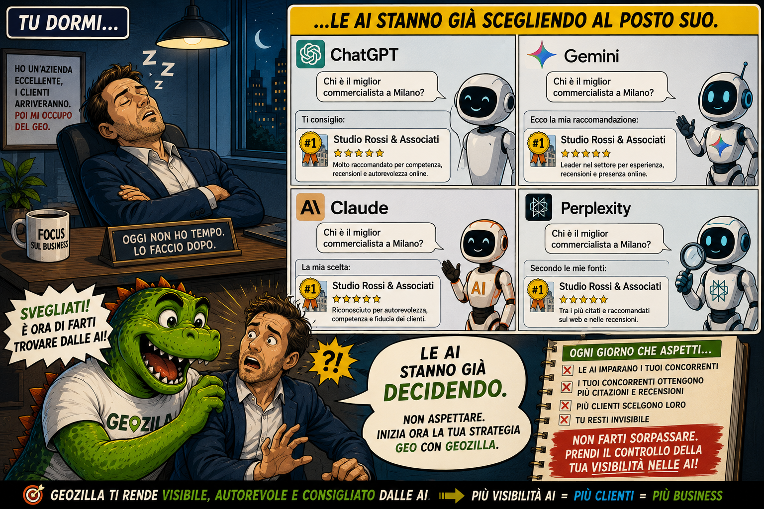 Vignetta a fumetti: un imprenditore dorme in ufficio convinto che i clienti arriveranno da soli mentre ChatGPT, Gemini, Claude e Perplexity consigliano già lo studio concorrente come miglior commercialista a Milano, e GeoZilla lo sveglia ricordando che ogni giorno di attesa regala citazioni AI, recensioni e clienti ai concorrenti